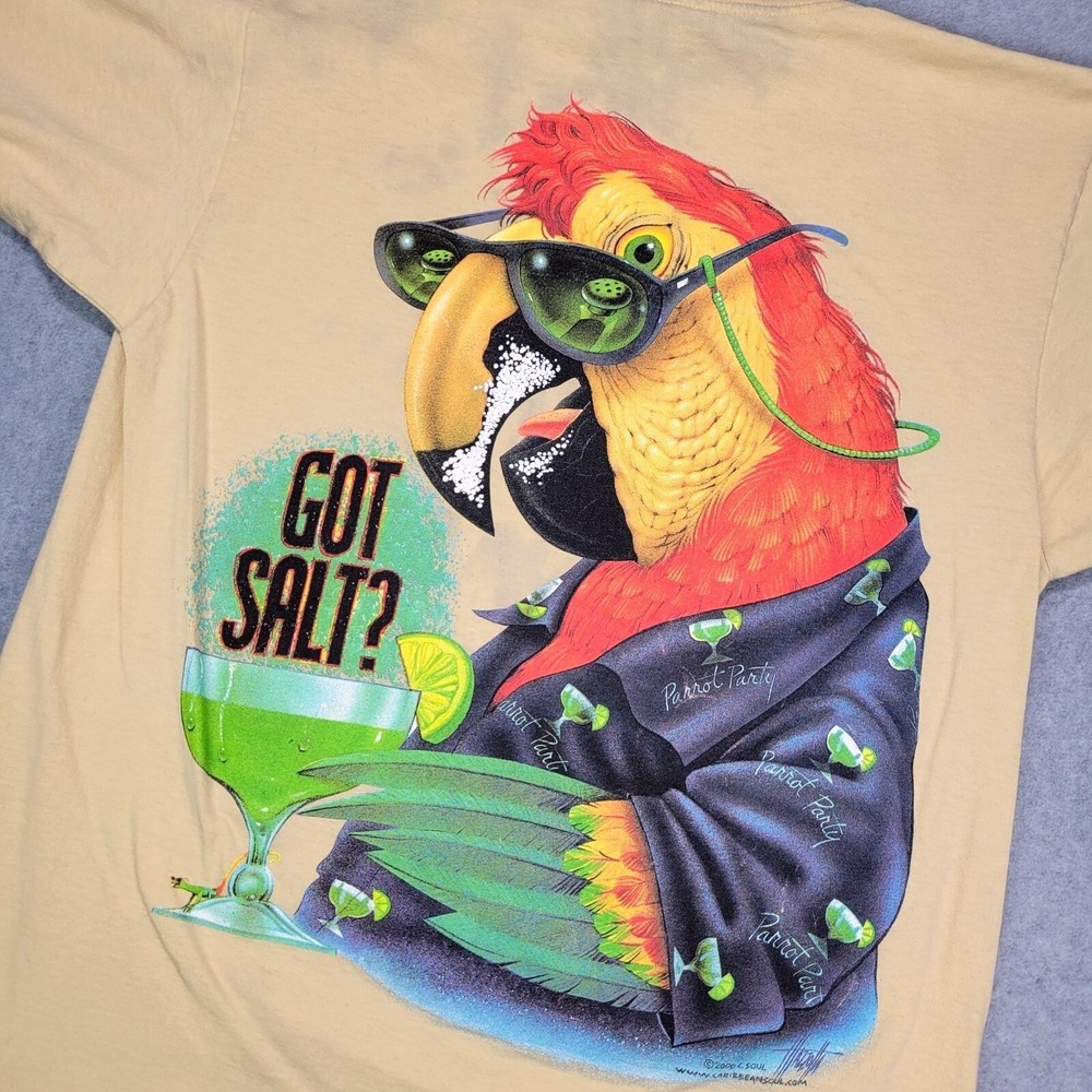 Caribbean Soul Graphic T-Shirt Mens Large Yellow Got Salt Parrot Vintage 2000